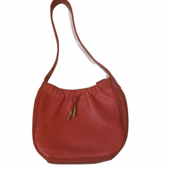 Red Genuine Leather Shoulder Bag With Zippered Compartments & Gold Accents For W - Picture 1 of 7